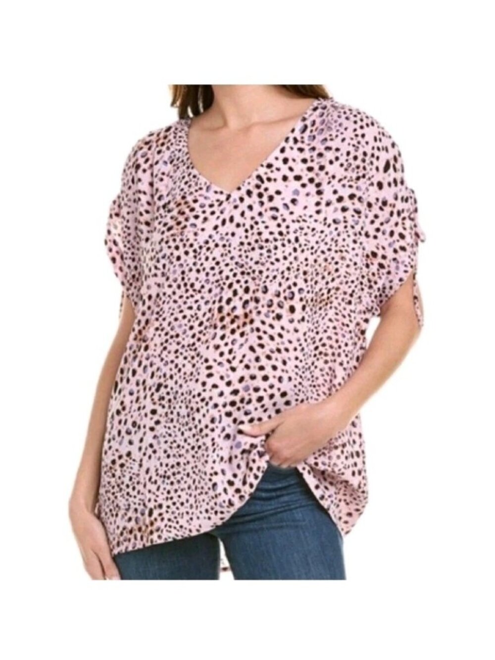 Cabi Seaside Top Size Medium Pink Panther Animal Print Blouse Leopard Chiffon